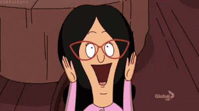 a cartoon character from bob 's burgers is laughing with her hands in the air