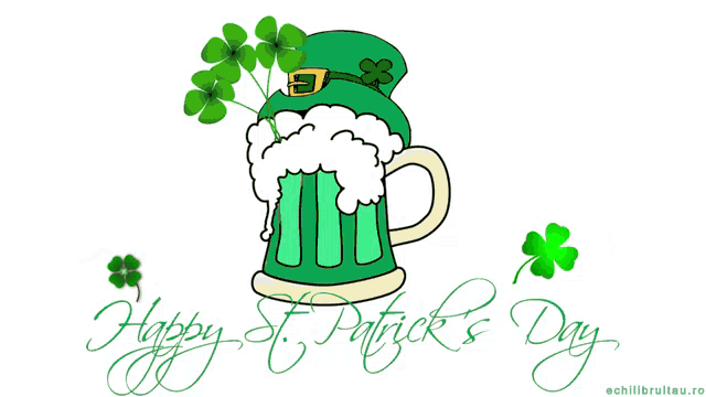 a greeting card for st. patrick 's day with a beer mug with shamrocks on it