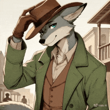 a drawing of a wolf wearing a cowboy hat and a green coat
