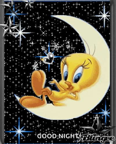 a tweety bird is sitting on a crescent moon with the words good night blingee below it
