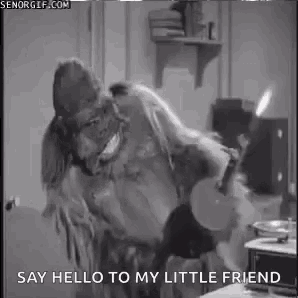 a black and white photo of a gorilla saying hello to his little friend