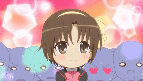 a girl in a school uniform is surrounded by a crowd of cartoon characters
