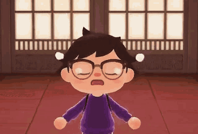 a cartoon character with glasses and a backpack is standing in front of a window .
