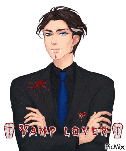 a picture of a man in a suit and tie with the words vamp lover written above him