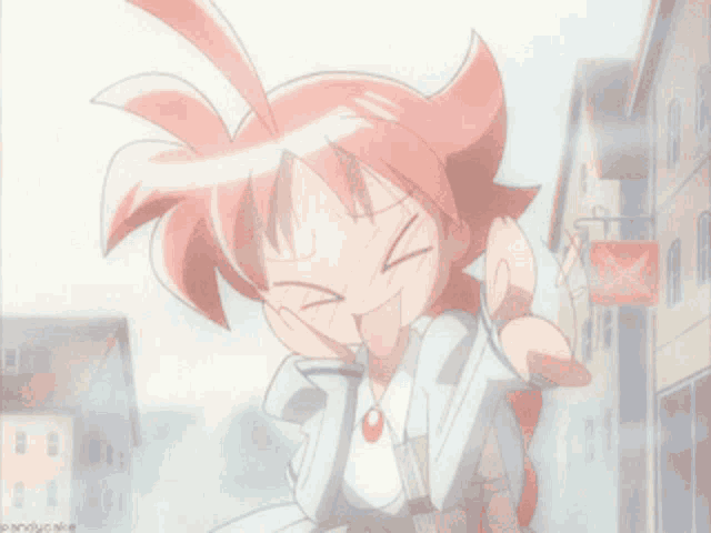 a girl with red hair is smiling in front of buildings