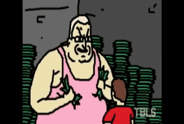 a cartoon of a man in a pink tank top giving money to a child