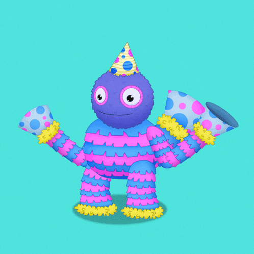 a cartoon character wearing a party hat and holding cups