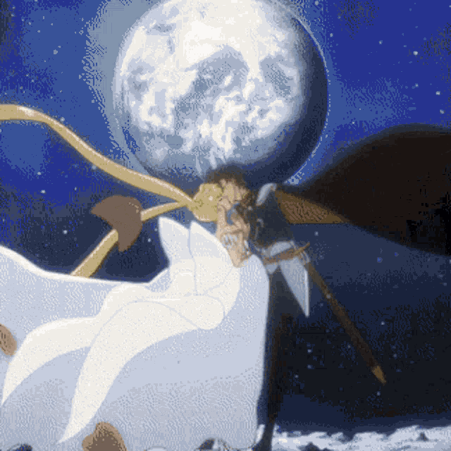 a pixelated image of a man and woman kissing in front of a full moon