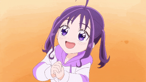 a little girl with purple hair and blue eyes is smiling
