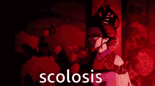 a cartoon character with the word scoliosis in the corner