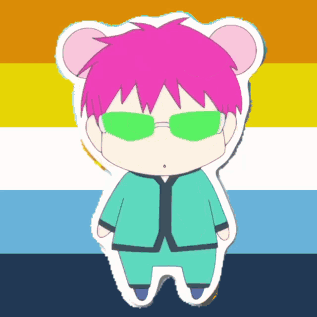 a cartoon character with pink hair and green sunglasses on a rainbow background