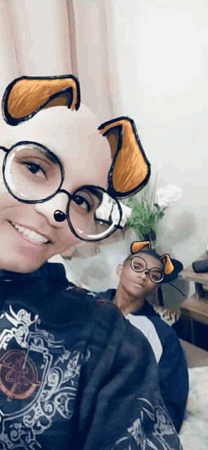 a man wearing glasses with a dog face on his head