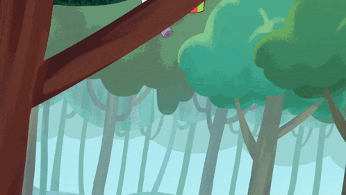 a cartoon drawing of a forest with trees and a person hanging from a tree branch