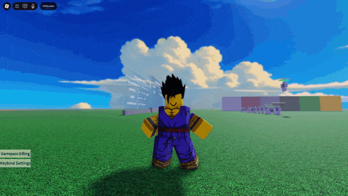 a screenshot of a video game shows a character in a purple and yellow outfit