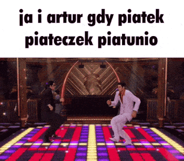 a man in a white suit is dancing on a dance floor in a video game