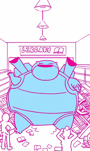 a cartoon drawing of a turtle in a library surrounded by people
