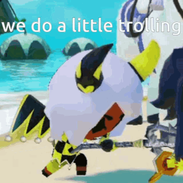 a cartoon character on a beach with the words we do a little trolling below it