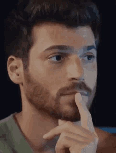 a man with a beard and mustache is holding his finger to his mouth .