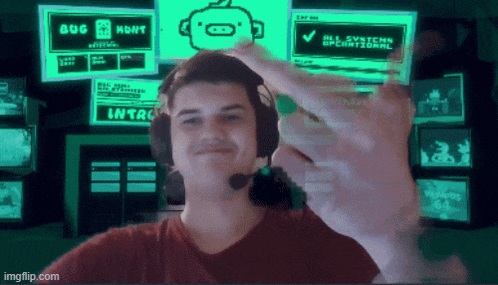 a man wearing headphones stands in front of a computer screen that says bug hunt