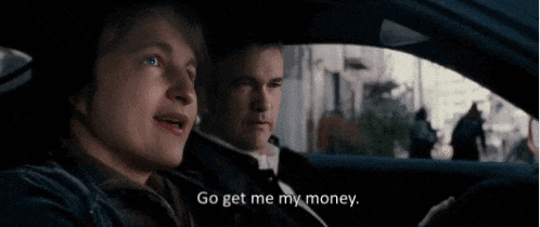 a man and a woman are sitting in a car and the woman is asking the man to get her money .