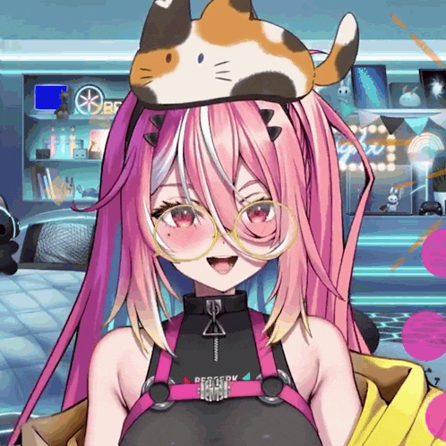 a girl with pink hair wearing a cat hat and glasses