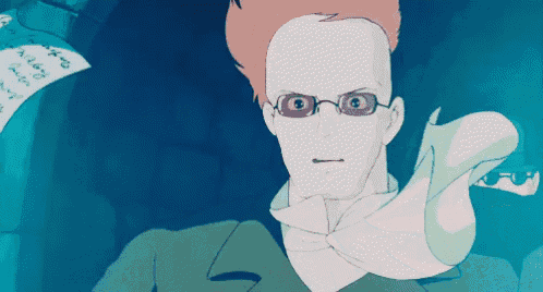a cartoon character with glasses and a scarf around his neck looks angry