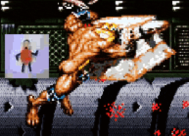a pixel art of a man jumping in the air with a picture of a woman in the background .