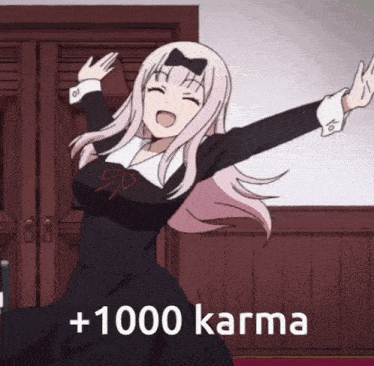 a picture of a girl with her arms outstretched and the words 1000 karma