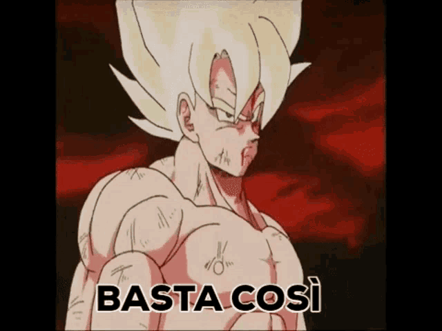 a cartoon character from dragon ball z is standing in front of a red background with the words basta cosi written on it .