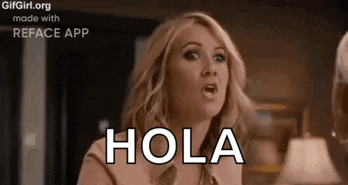 a woman is making a funny face with the word hola written on her face .