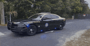 a black and white state trooper car is parked on the side of a road