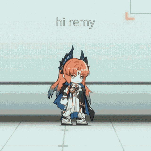 a cartoon character is standing in front of a wall with the words hi remy on it
