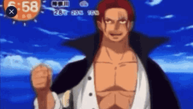 a man with red hair and a black jacket is standing in front of a blue sky with 6:58 on the clock .