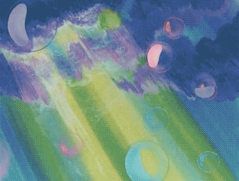 a painting of bubbles floating in the air with a rainbow in the background