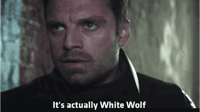 a close up of a man 's face with the words it 's actually white wolf below it