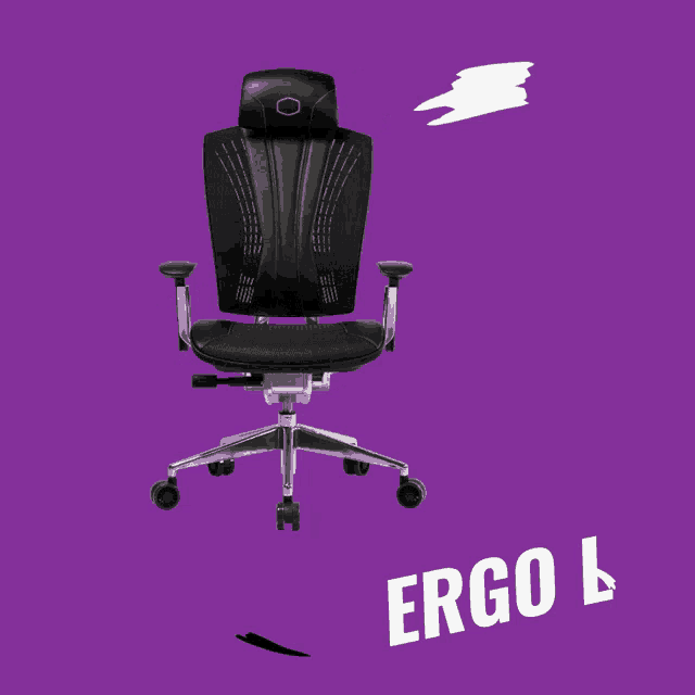 a purple background with a black chair that says ergo l on it