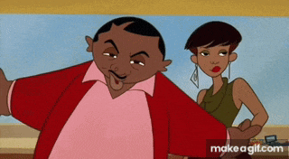 a man in a red jacket is standing next to a woman in a green dress .