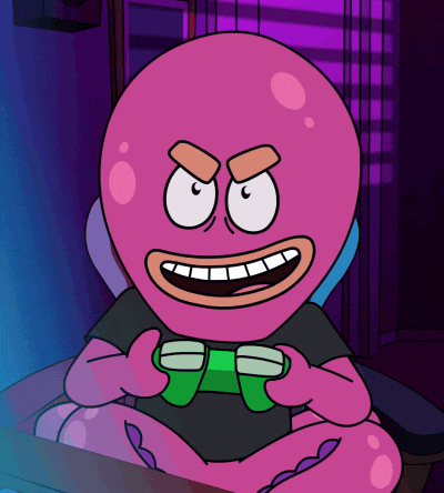 a cartoon octopus is playing a video game with a green controller