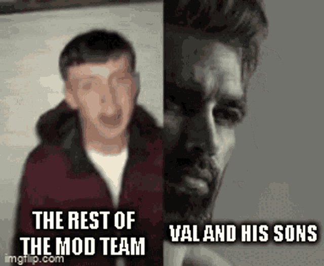 a man with a beard is standing next to another man with a red jacket .