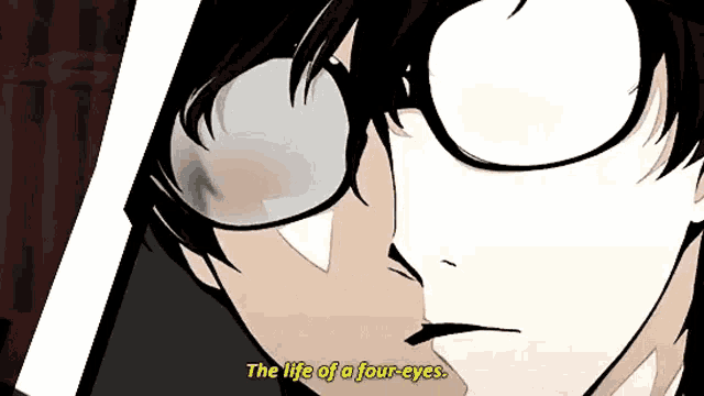 a close up of a person wearing glasses and saying `` the life of a four eyes '' .