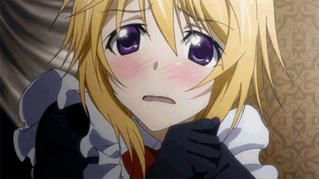 a girl with blonde hair and purple eyes is wearing a maid costume