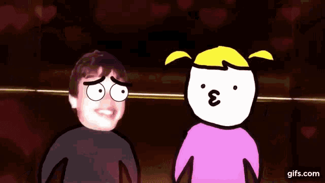 a boy and a girl are standing next to each other in a cartoon .
