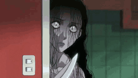 a woman is peeking out from behind a door holding a knife in her hand .