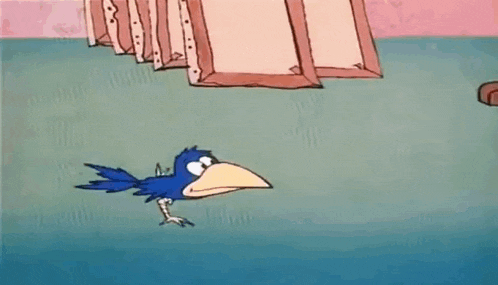 a cartoon bird is flying in the air in a room with a table in the background .