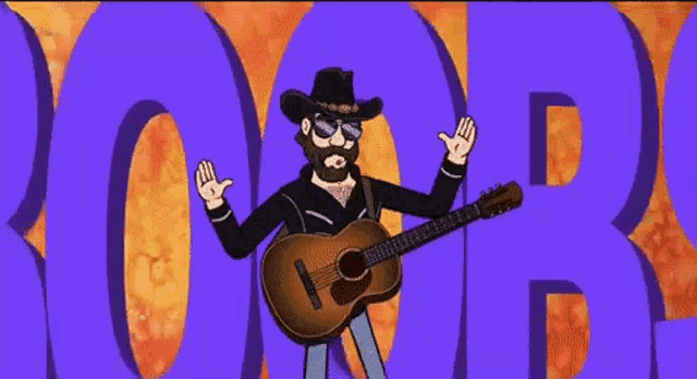 a cartoon of a man playing a guitar with the word boobs in the background