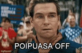 a man is standing in front of a crowd with the words poipusa off written on his face .