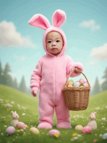 a baby dressed in a pink bunny costume is holding a basket of easter eggs