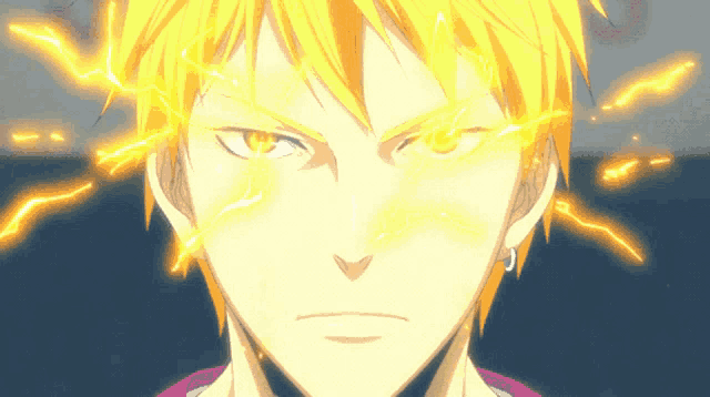 a close up of a man 's face with lightning coming out of his eyes