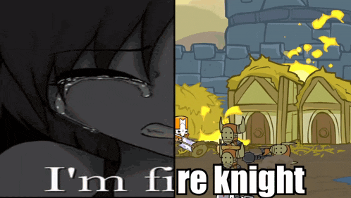 a girl is crying next to a picture of a fire knight