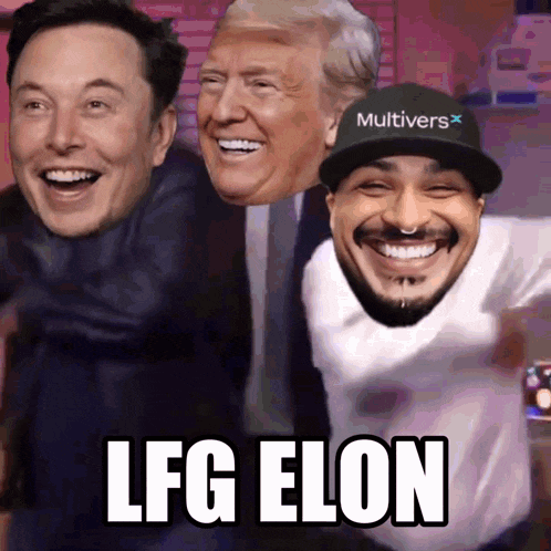 elon musk donald trump and a man wearing a multiverse hat